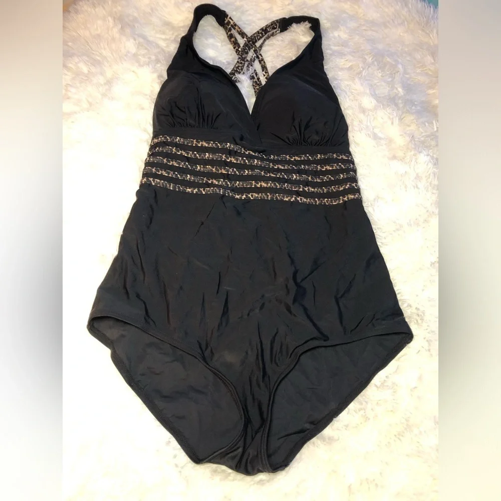 Black One-Piece Swimsuit with Patterned Straps